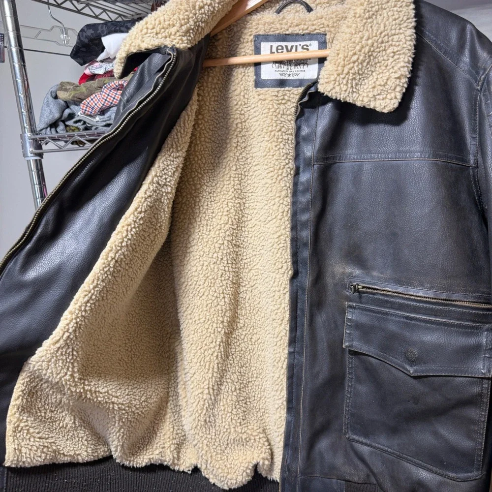 Levi's Bomber Jacket Men's XXL Brown Faux Leather Sherpa Collar Aviator Flight